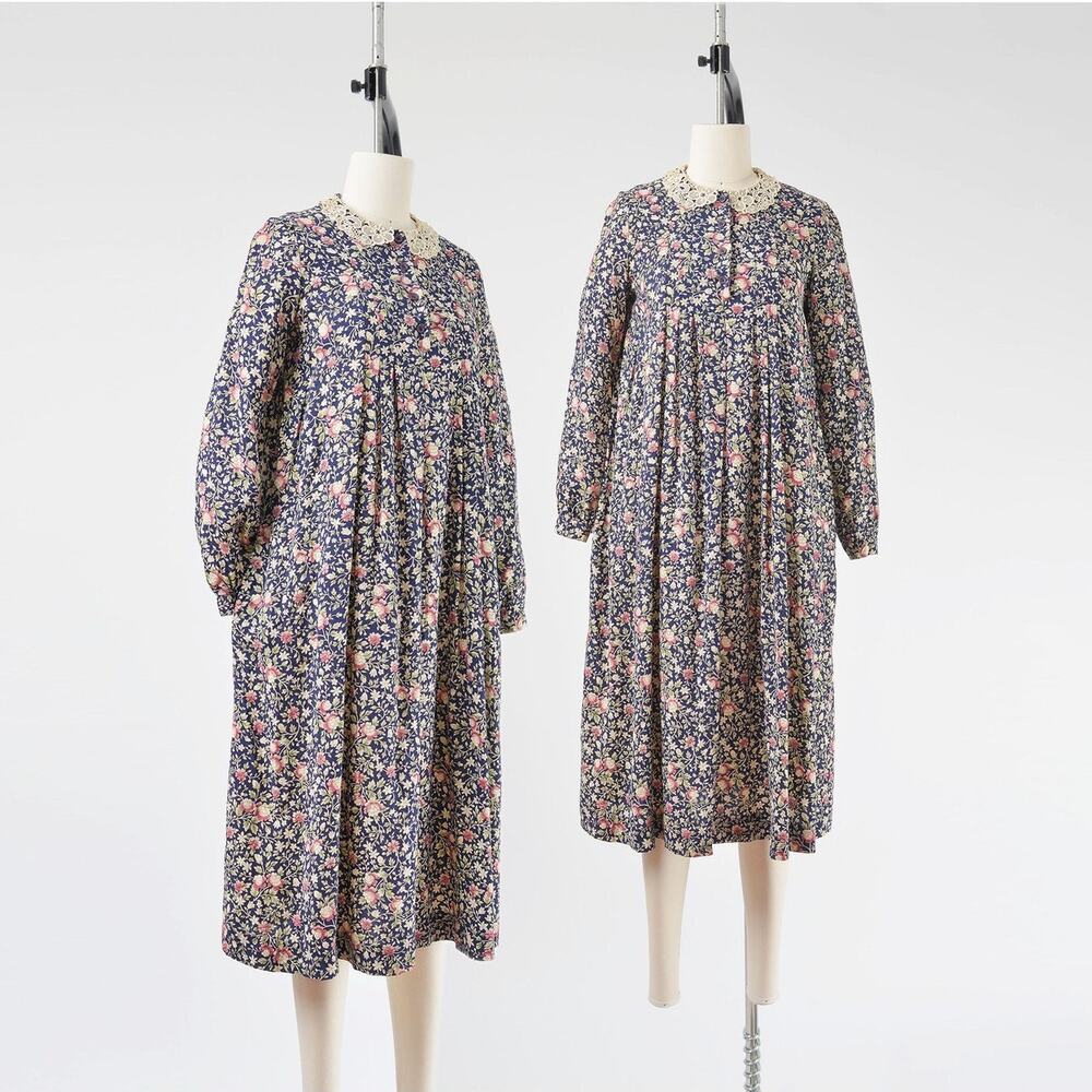 Vintage 70s Floral Babydoll Peter Pan Lace Collared Midi Dress with Pockets S - Picture 1 of 10